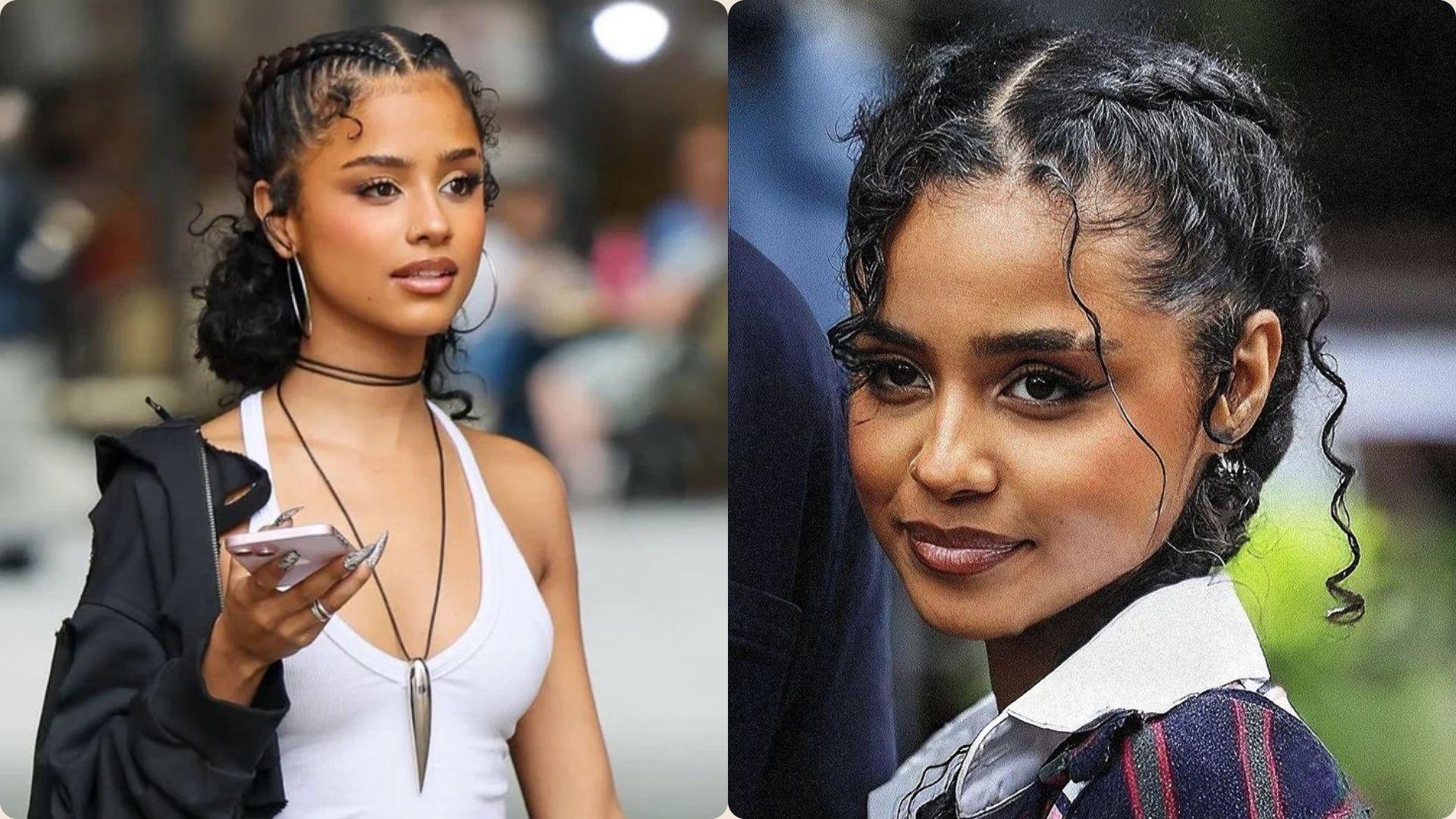 Tyla space buns braided curly hairstyle: street style look and close-up portrait with curly tendrils.