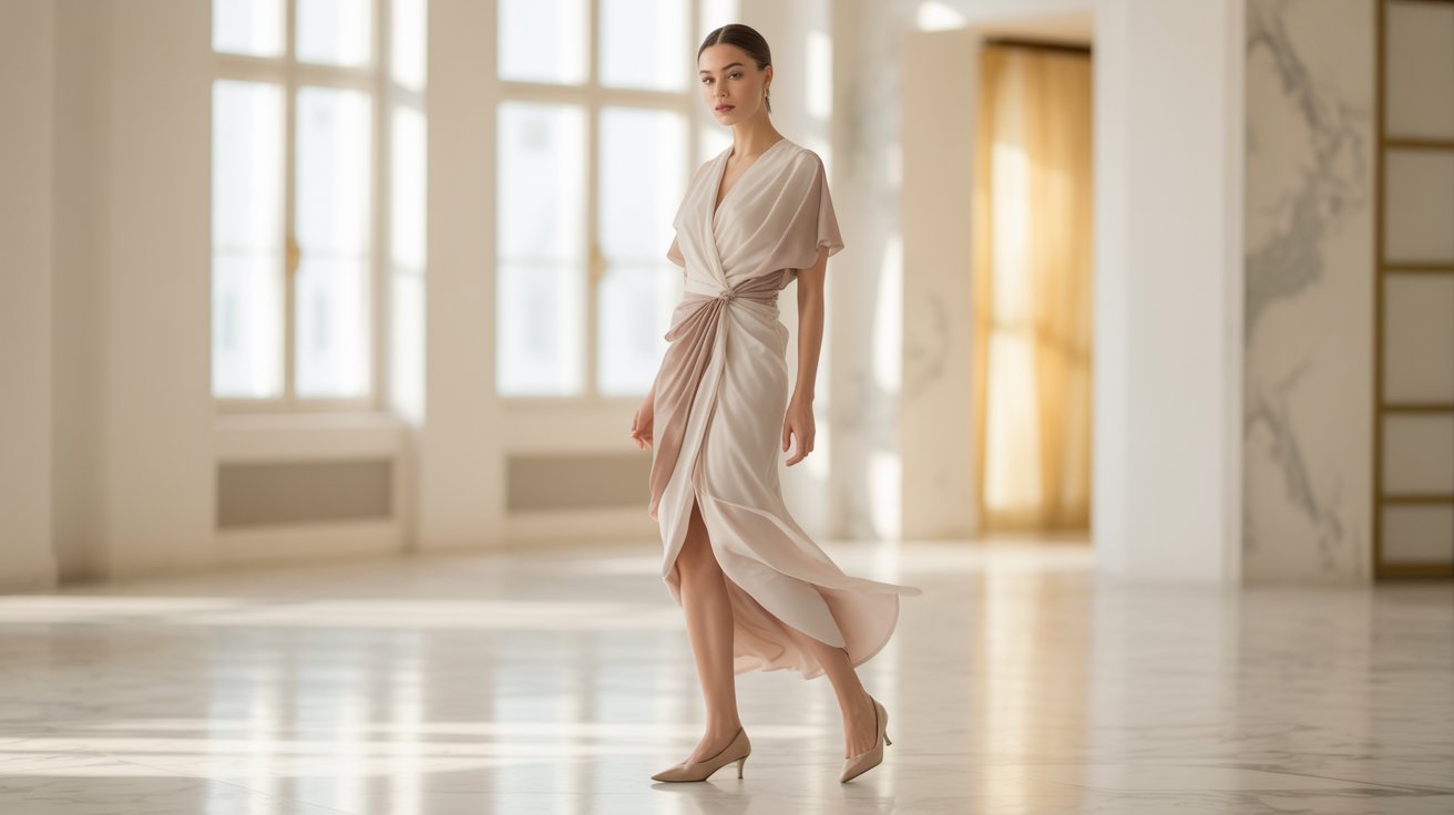 Wrap dress and low heels improve Soft Classic balance with graceful feminine elegance.