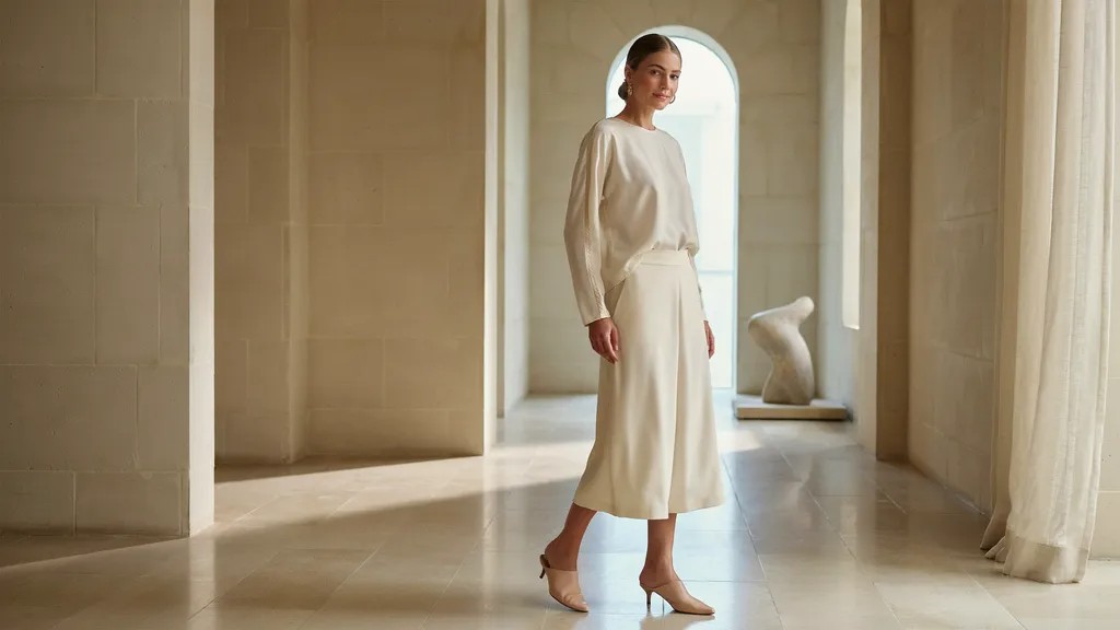 Woman wearing a matching co-ord set for a semi formal occasion.