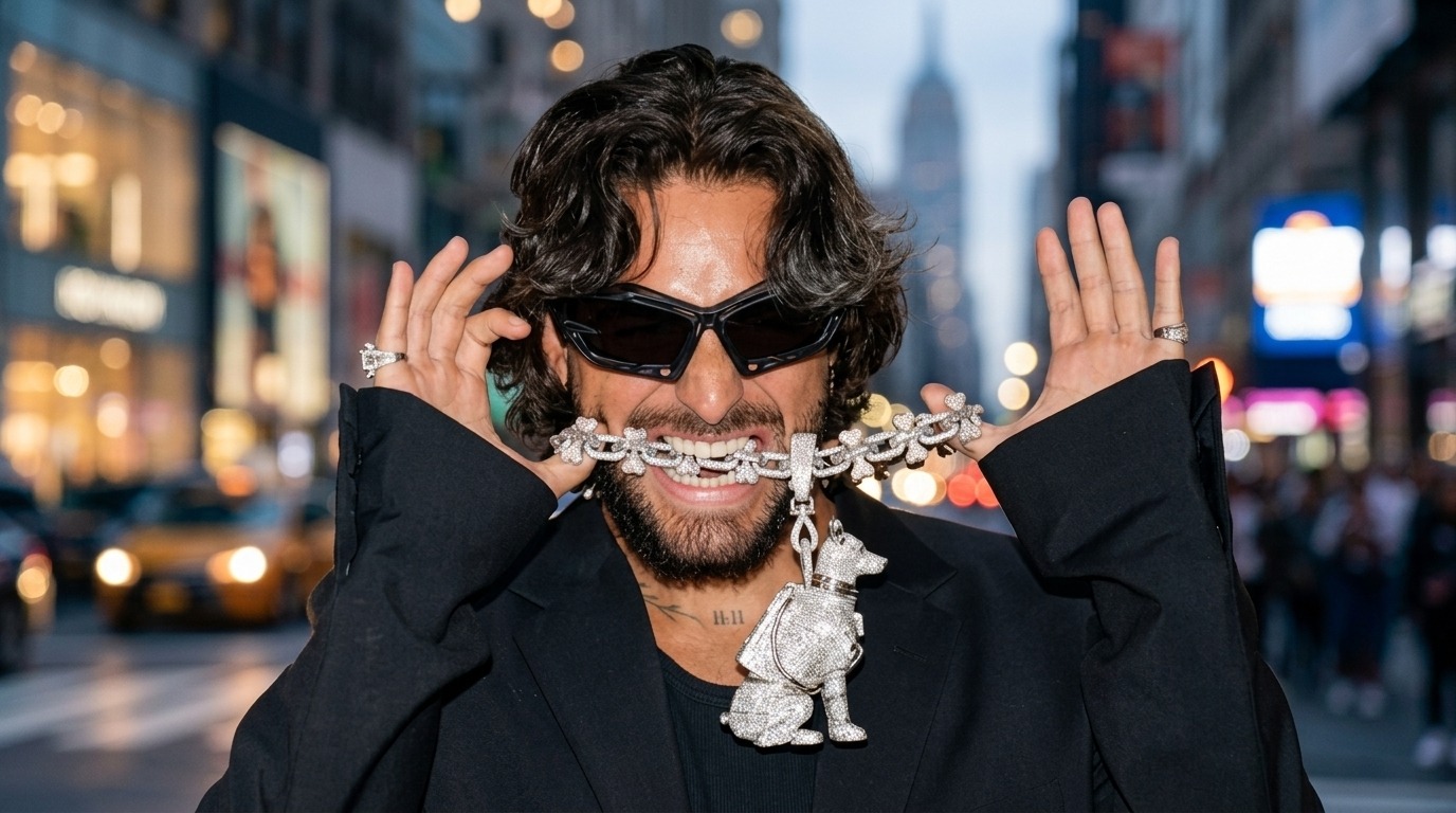 Maluma with curly shoulder-length long hair wearing sunglasses on city street