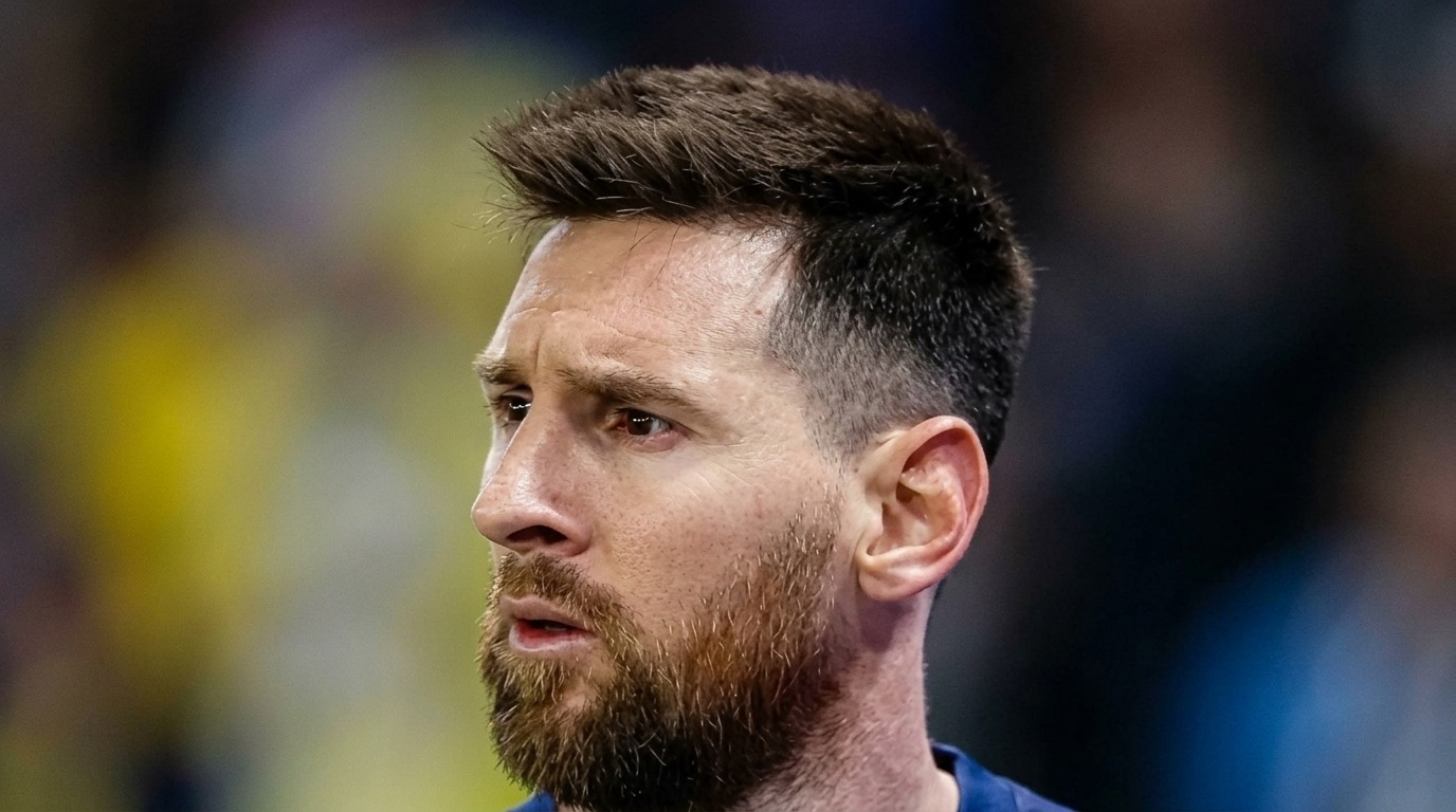 Lionel Messi with spiky faux hawk fade haircut and beard looking sideways