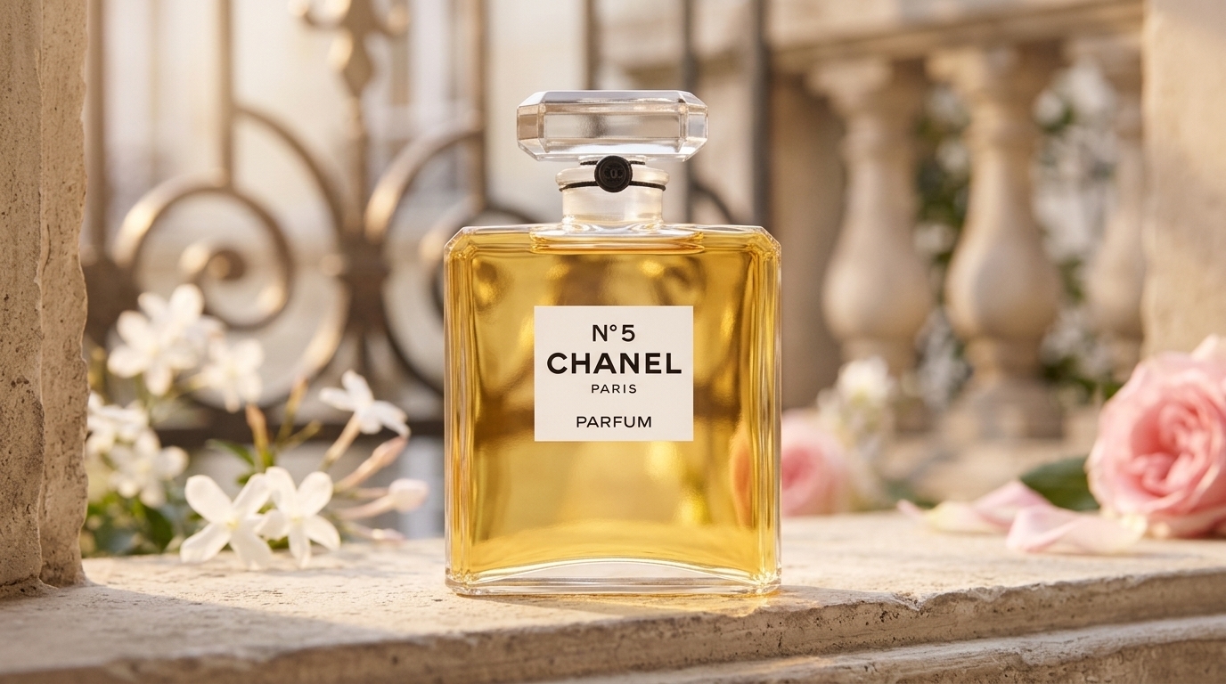 Iconic Chanel No 5 perfume bottle in sunlight with pink roses and jasmine flowers, the fragrance Marilyn Monroe wore to bed
