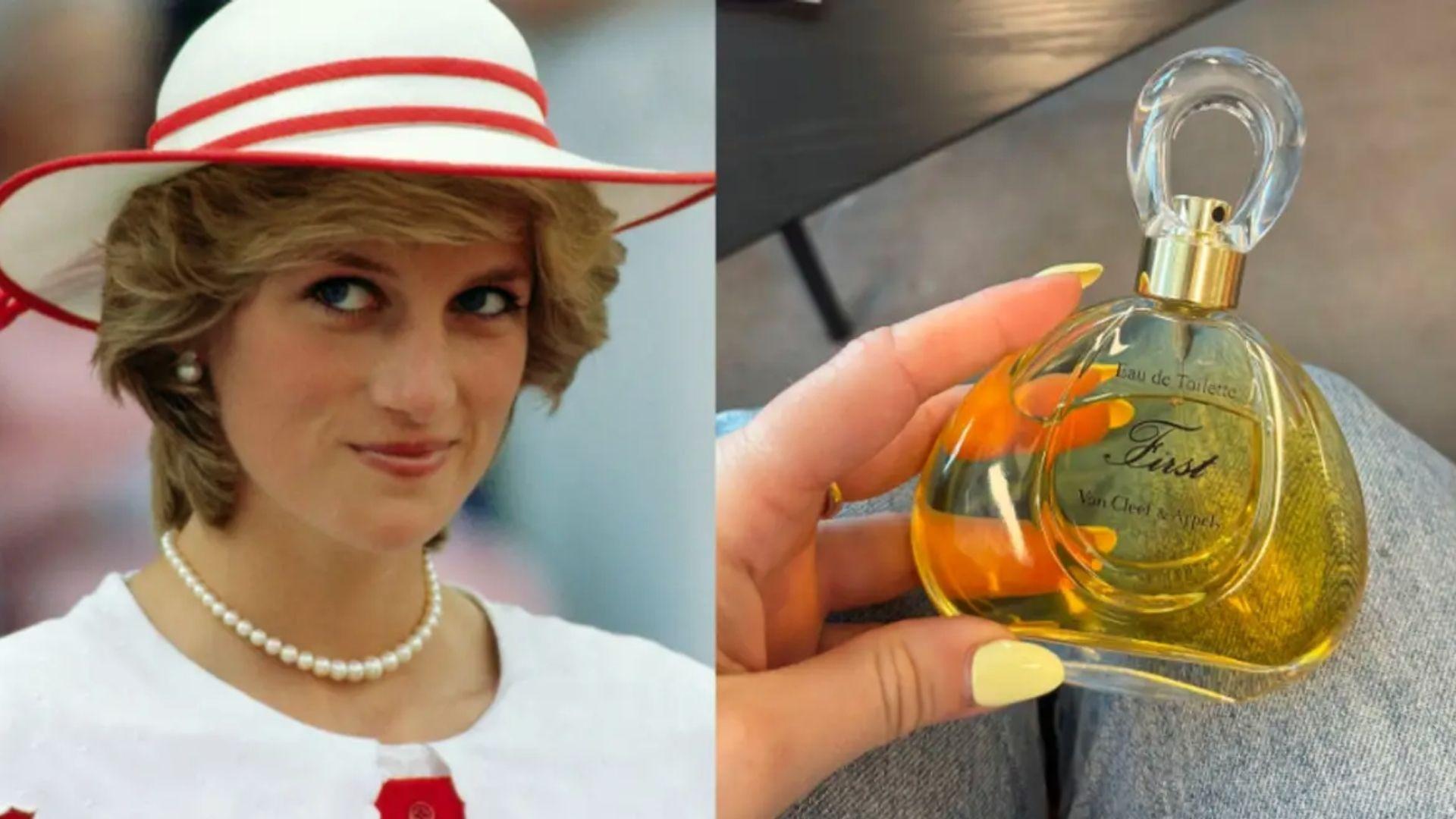Split image of Princess Diana in red-striped hat beside Van Cleef & Arpels First perfume, a scent she loved