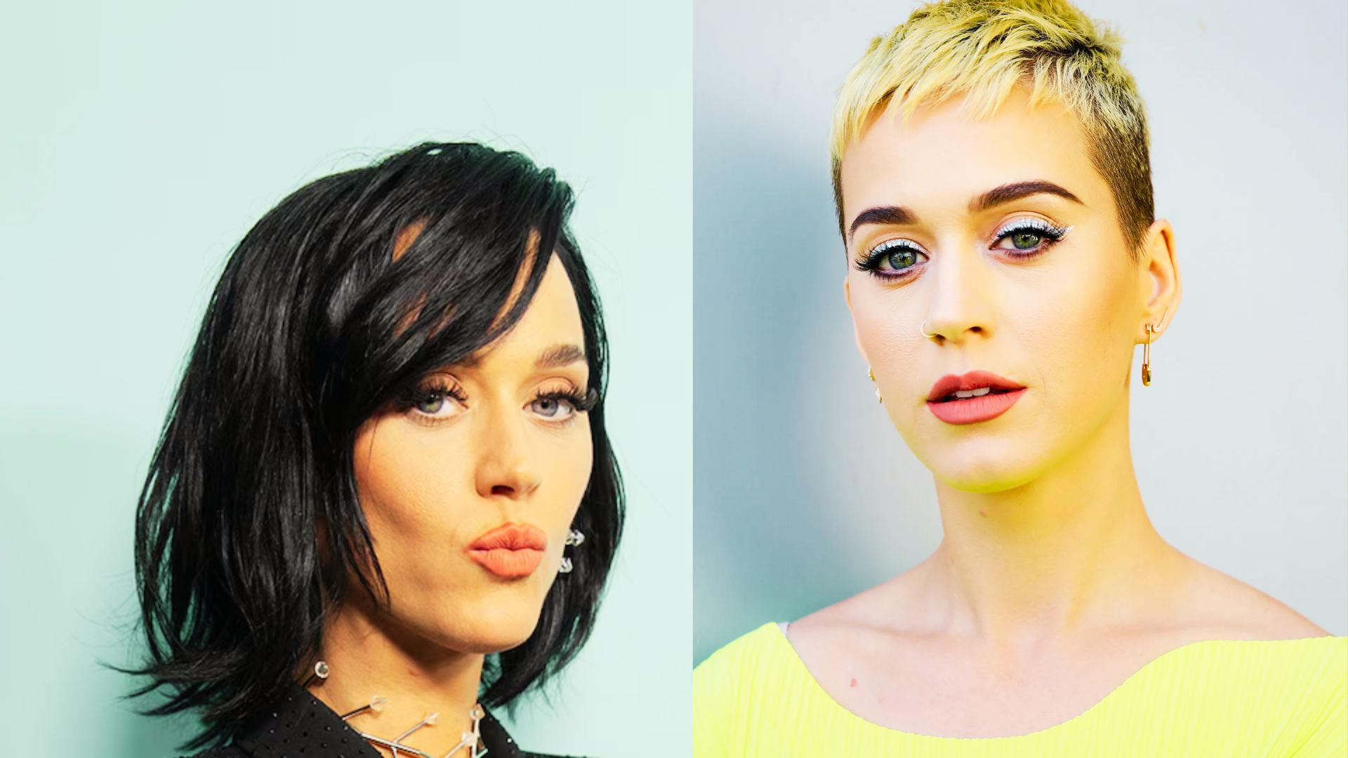image of Katy Perry in black pixie to blonde hair.