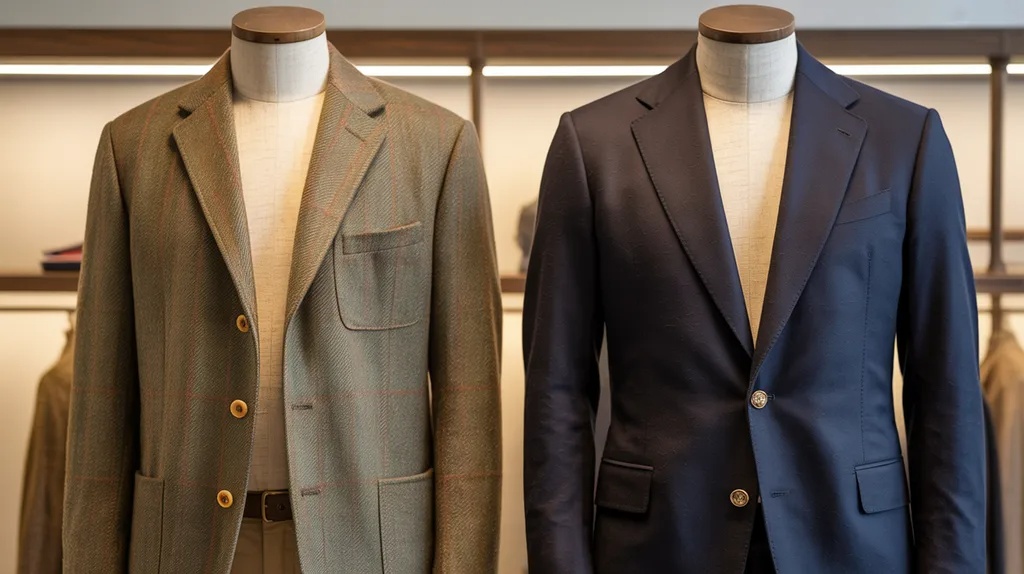 Sport coat and blazer compared on mannequins showing fabric and design differences.