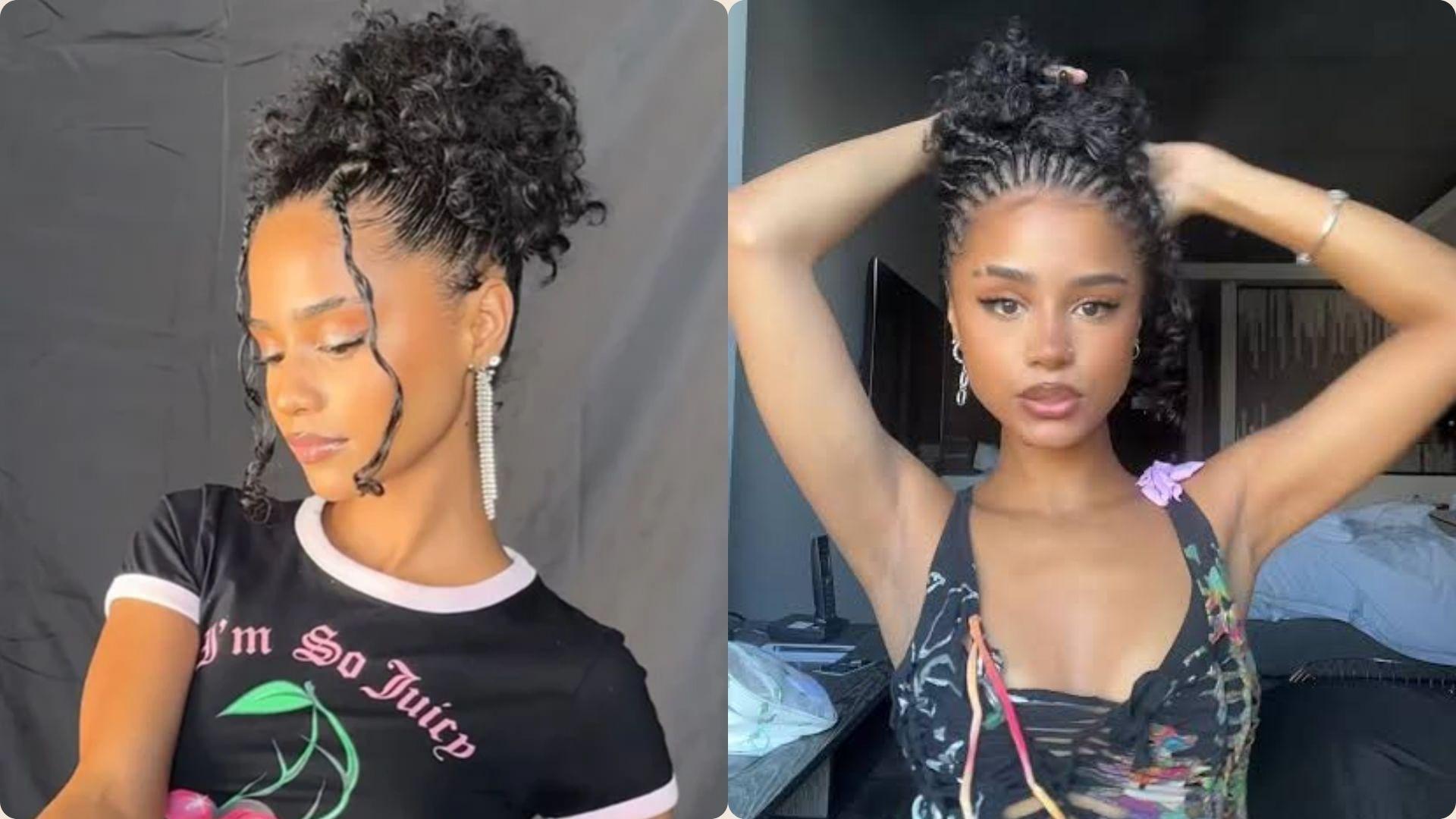 Tyla afro puff high updo hairstyle with face-framing braids: two looks in casual tee and patterned outfit.