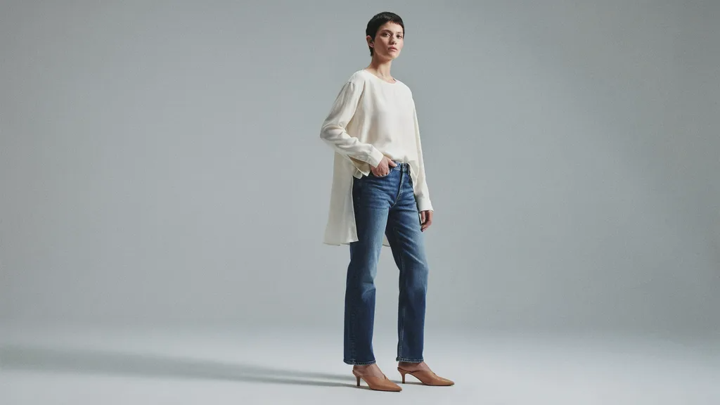 Woman wearing mid-rise jeans and a longline top to create balanced proportions.