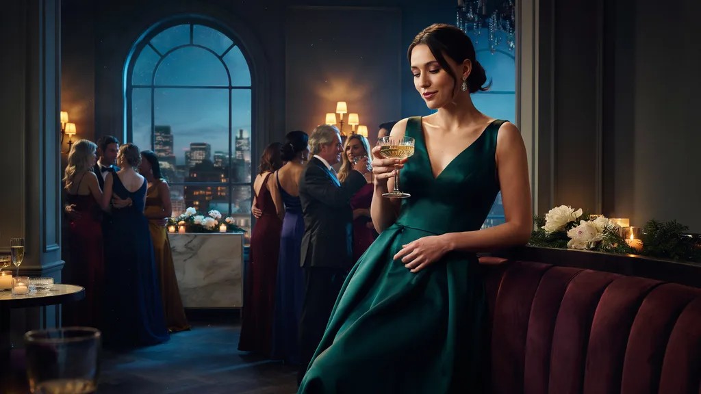 Woman in a jewel-tone dress at a holiday party.
