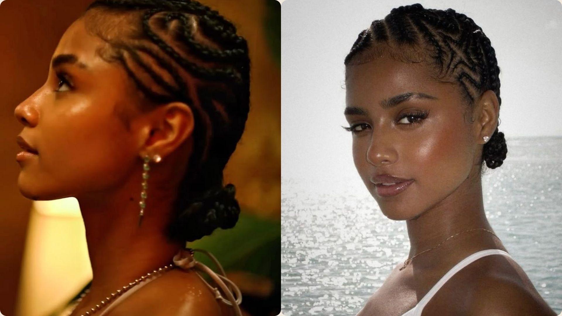 Tyla sleek low bun hairstyle: side profile and front-facing portrait by the ocean.