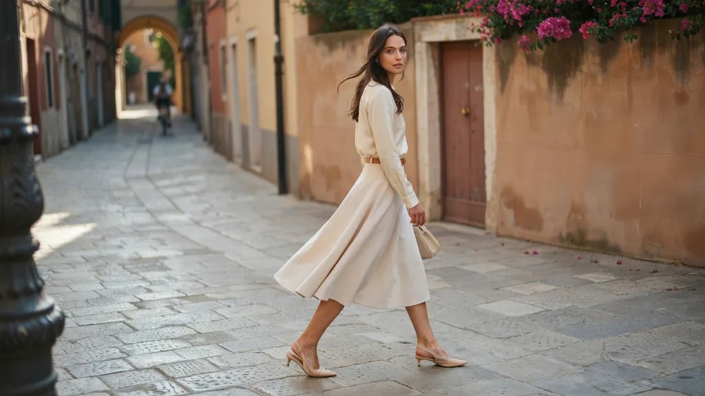 Woman wearing a flattering A-line skirt for an inverted triangle body shape.