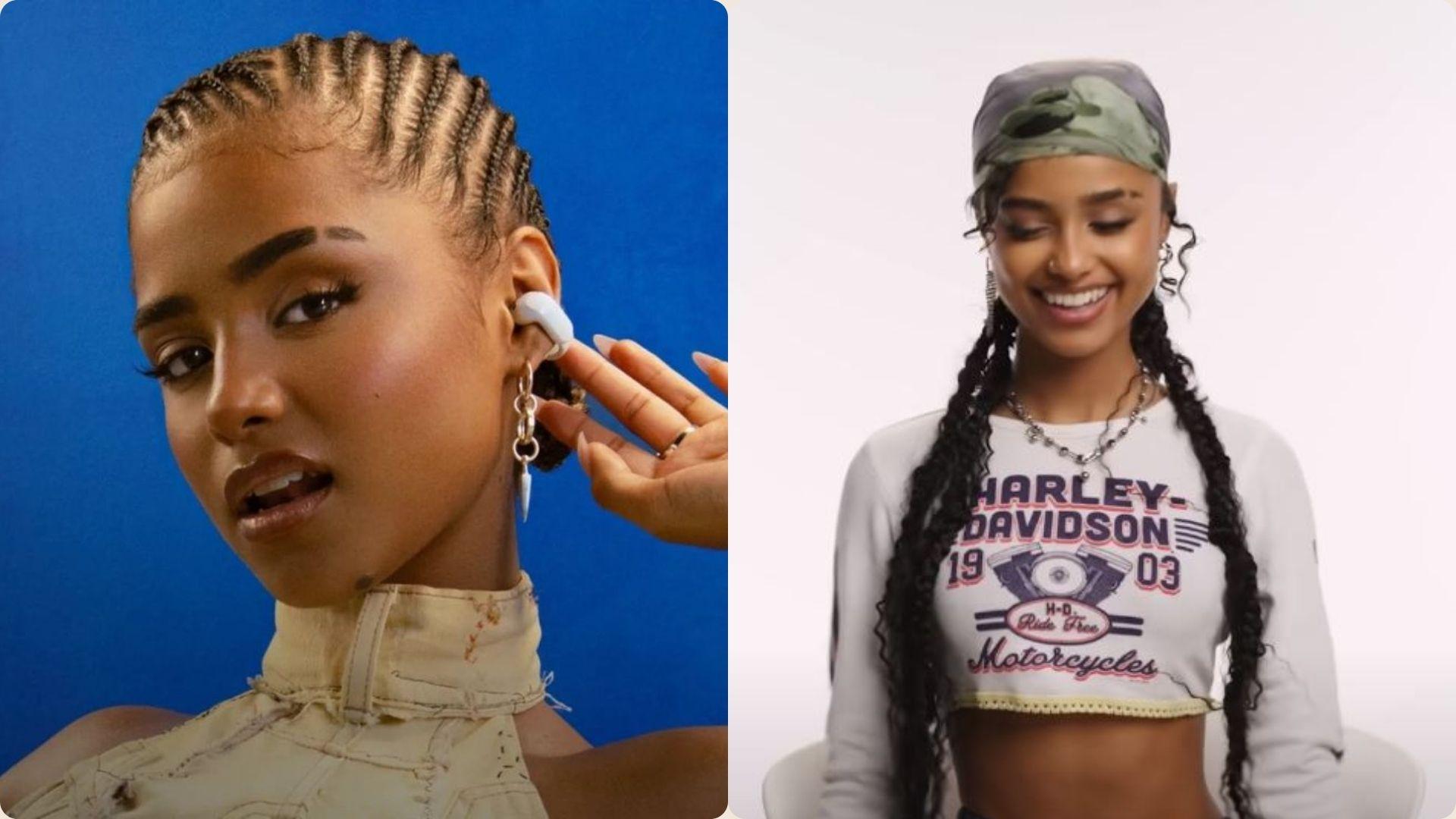 Tyla cornrow braids and long braided pigtails styled with earbuds, bandana, and graphic crop top.