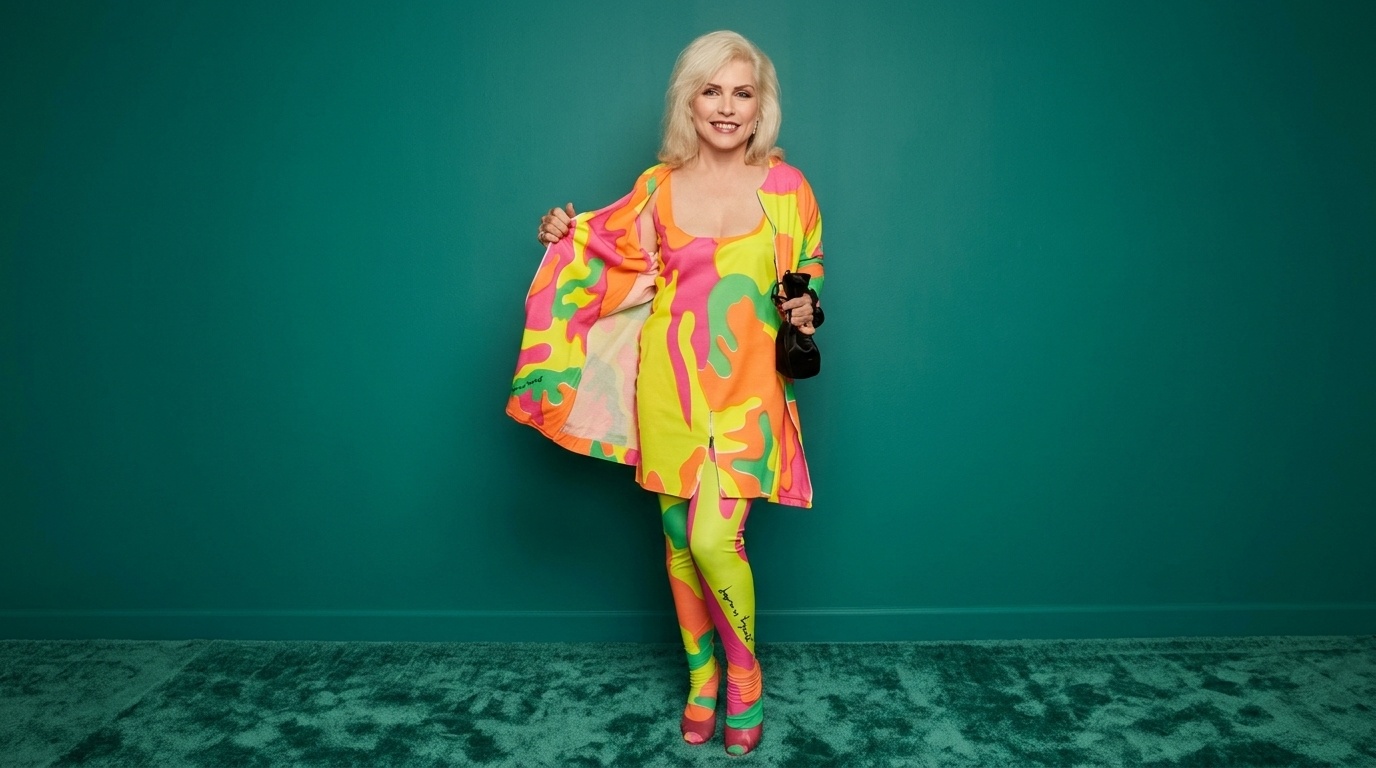 Debbie Harry in pink-glam outfit.