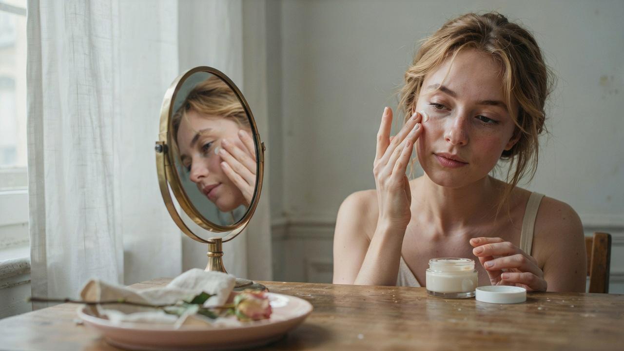 Woman applying skincare cream to her face while looking into a round tabletop mirror.