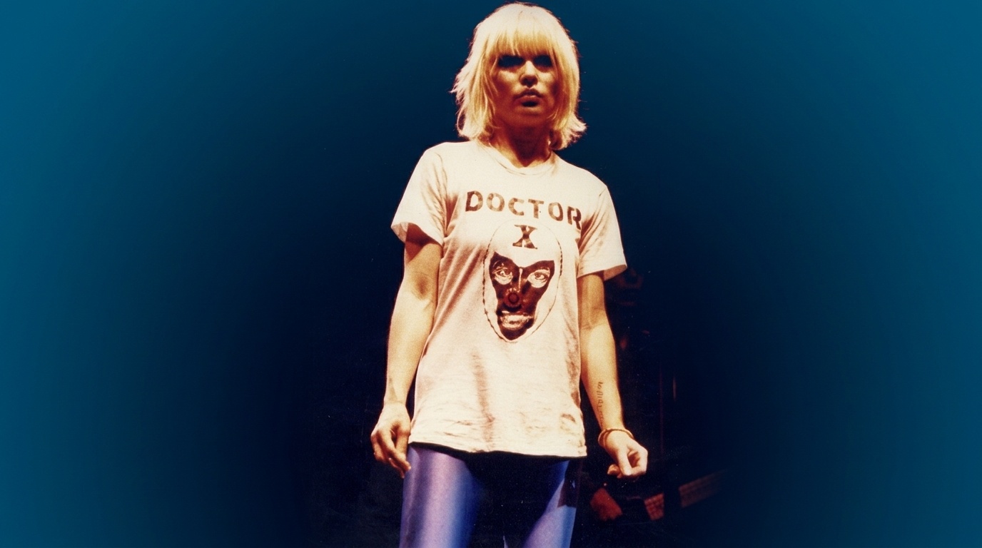 Debbie Harry in her graphic tee and tights combination.