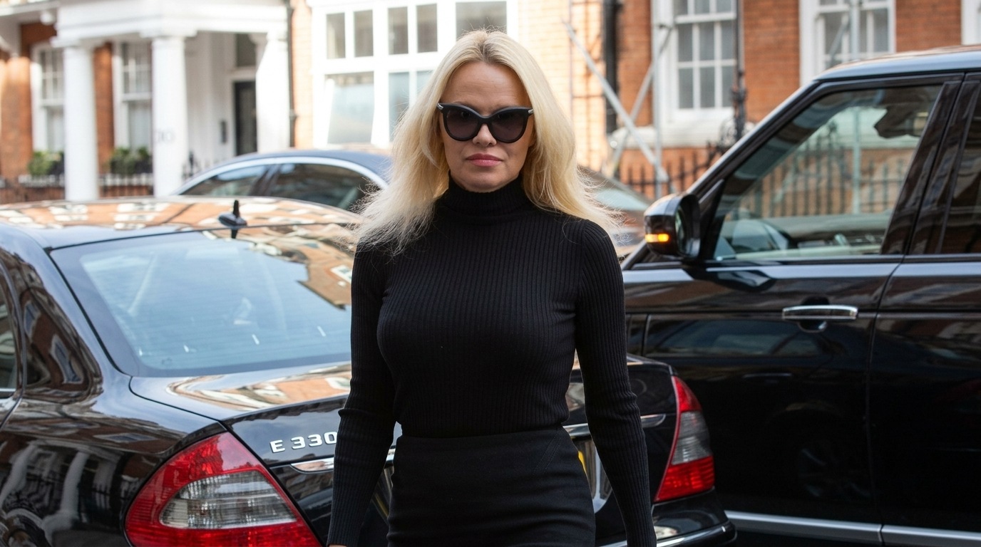 Pamela wearing black fitted turtleneck.