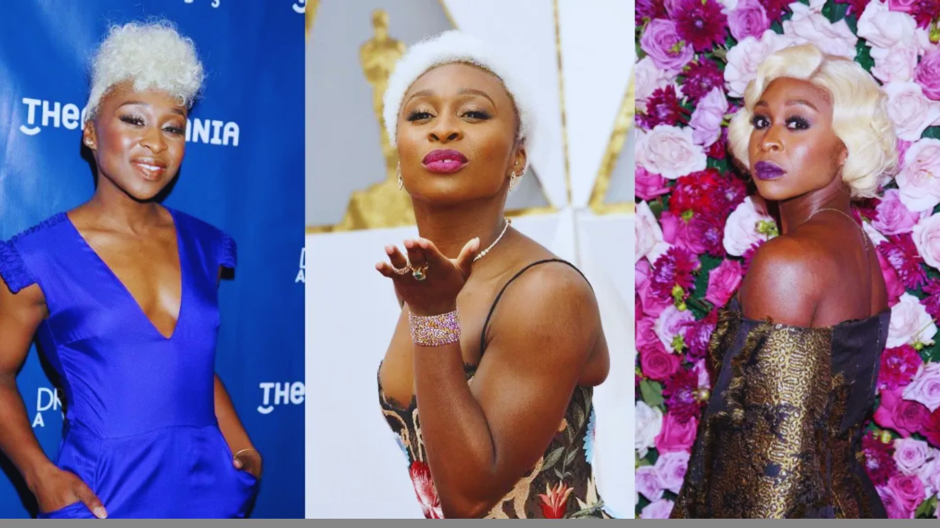 Cynthia Erivo explores bold hairstyles and elegant wigs before embracing her signature shaved head with confidence.