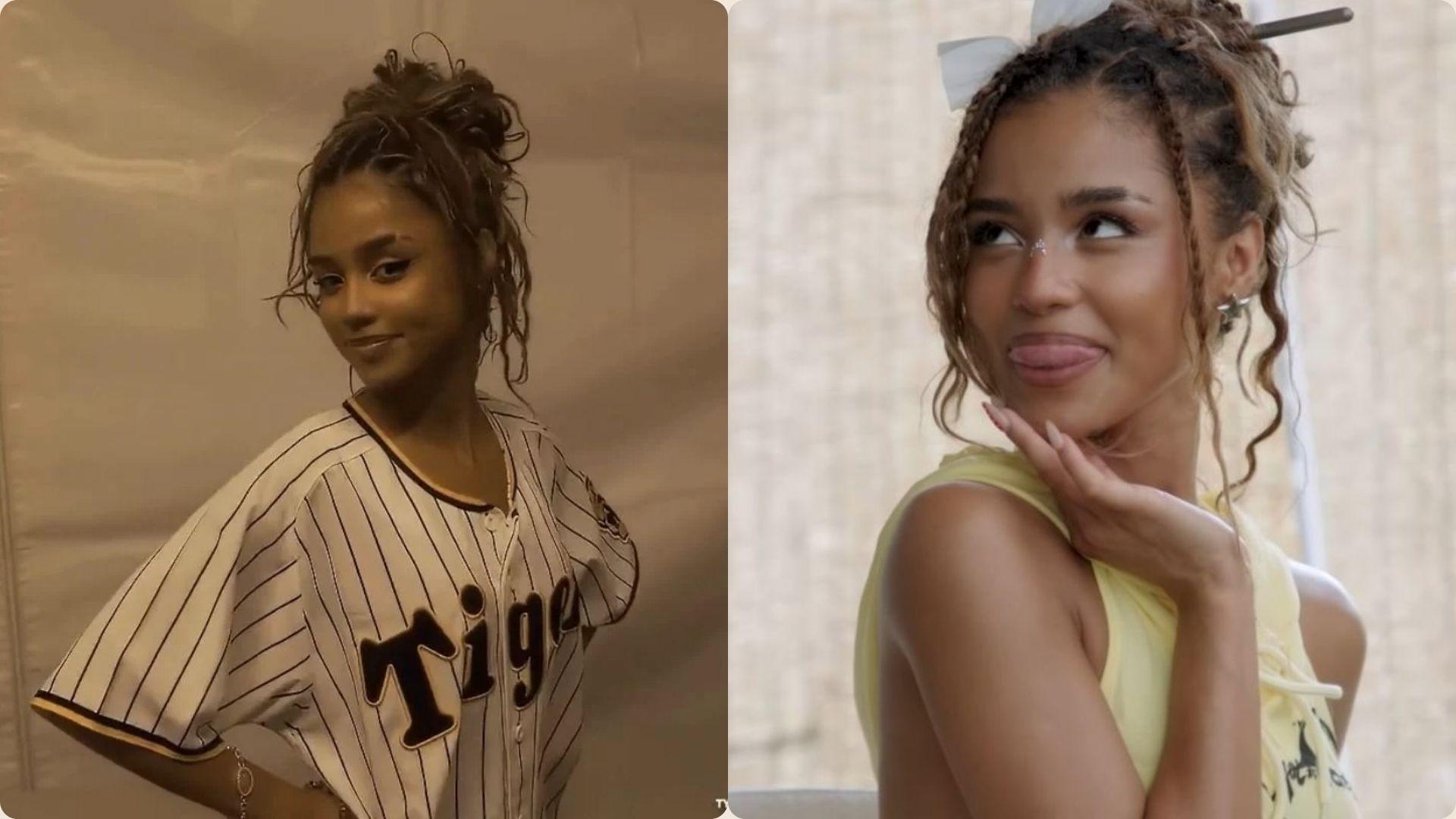 Tyla messy curly updo hairstyle: playful poses in jersey top and yellow outfit with bow accessory.