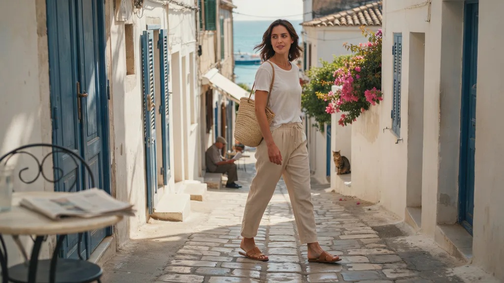 Casual coastal outfit with linen trousers and straw tote on a sunny street.