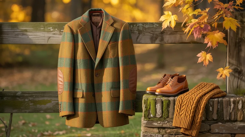 Tweed sport coat styled for cool outdoor autumn events.