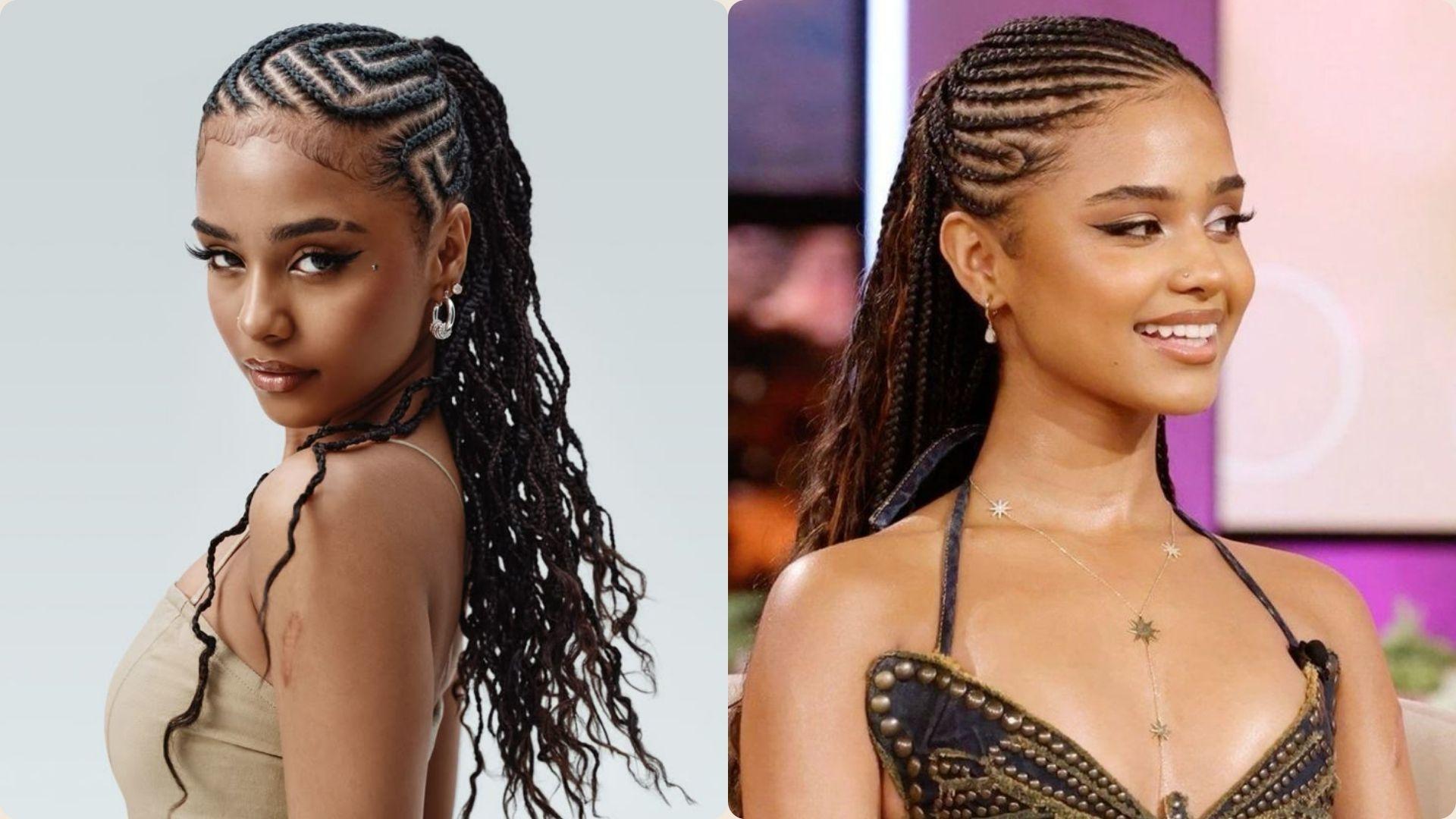Tyla long box braids hairstyle: geometric cornrow pattern and classic braided ponytail with smile.