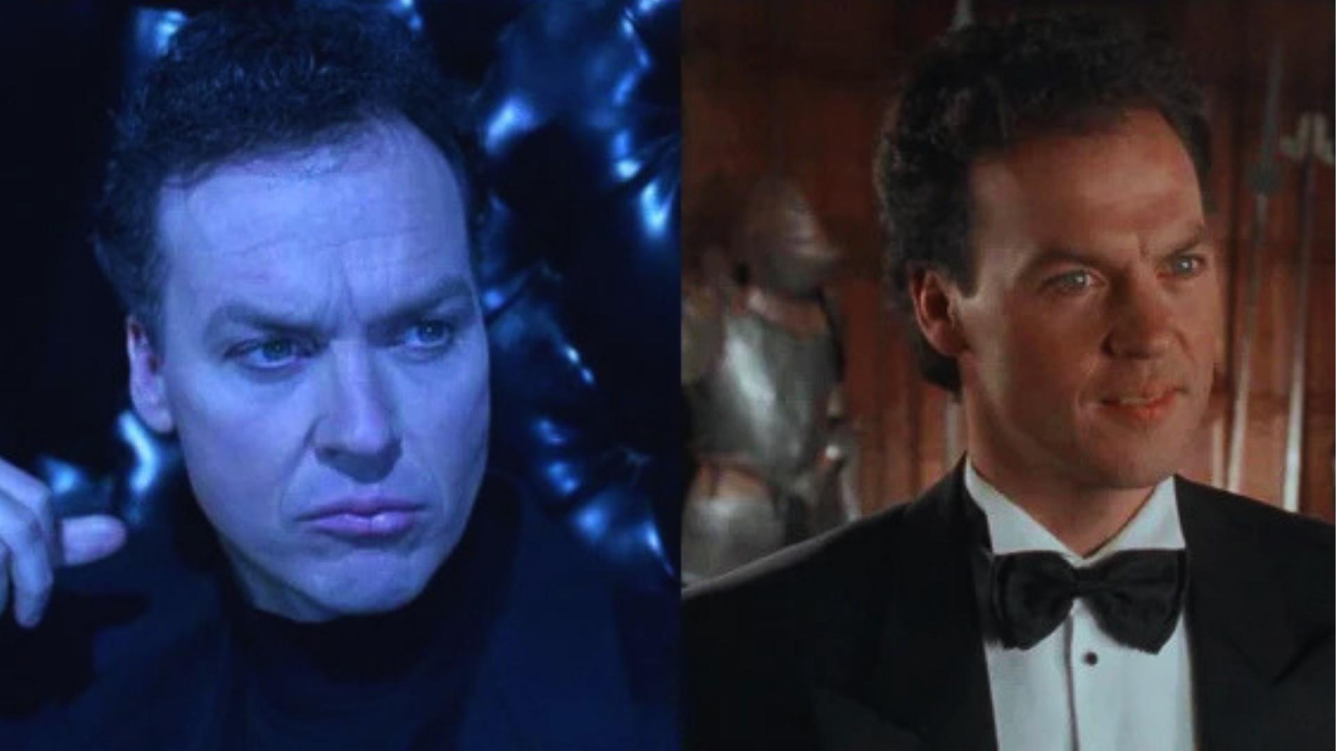 Michael Keaton as Bruce Wayne side-by-side comparison with slicked curly hair in Batman Returns.