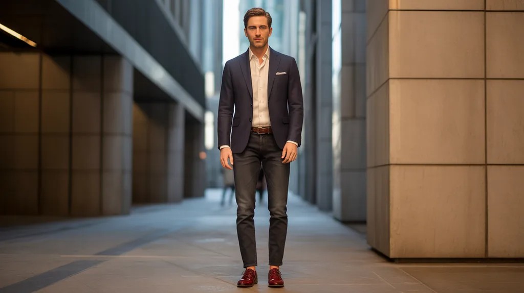 Brown tweed sport coat paired with dark jeans and loafers.