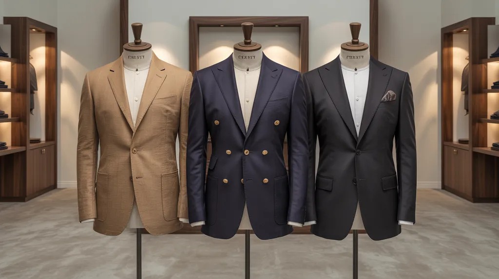 Sport coat, blazer, and suit jacket displayed together for comparison.