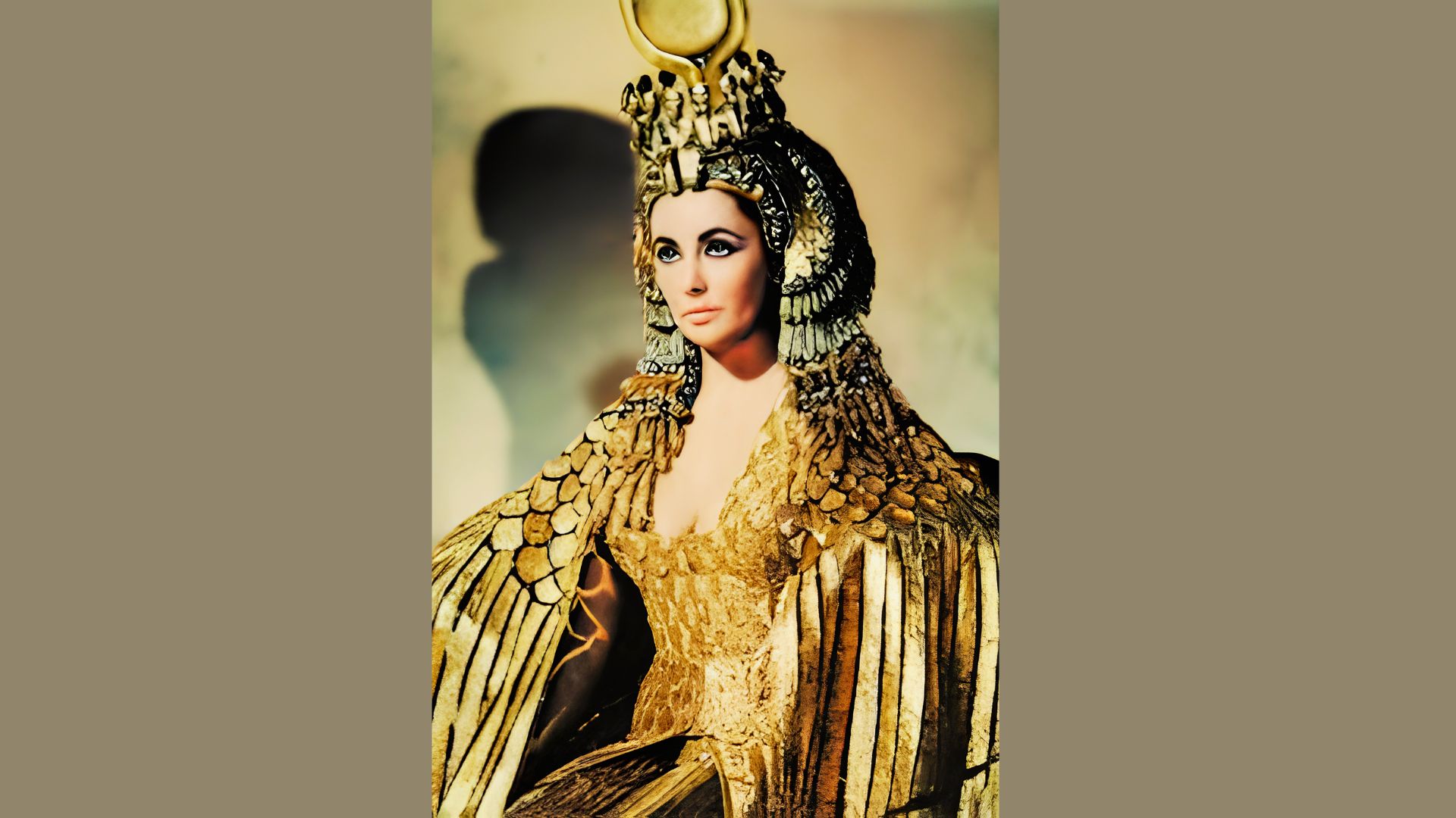 Elizabeth Taylor as Cleopatra in an ornate gold cape and Egyptian crown with dramatic winged liner.