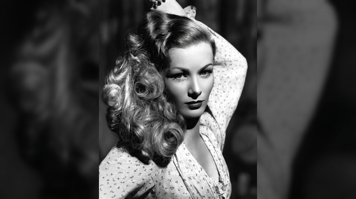 Iconic Veronica Lake hairstyle with deep side part voluminous curls in vintage portrait