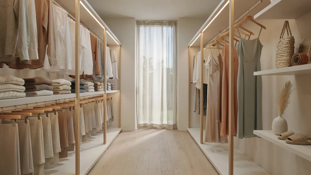 Organized coastal capsule wardrobe with timeless neutral clothing pieces.