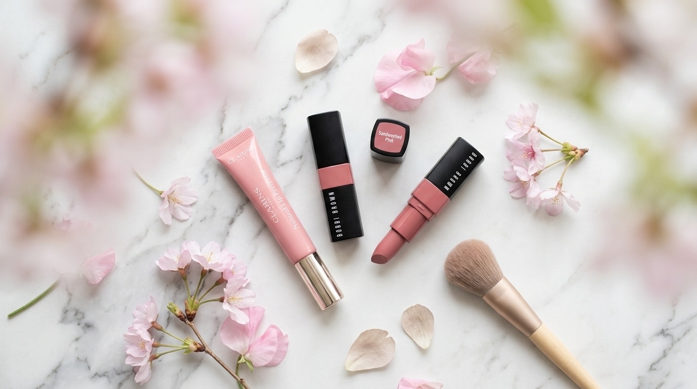 Flat lay of Clarins Lip Perfector and Bobbi Brown Sandwashed Pink lipstick on marble with soft pink flowers, natural light, and a minimal, elegant beauty aesthetic.