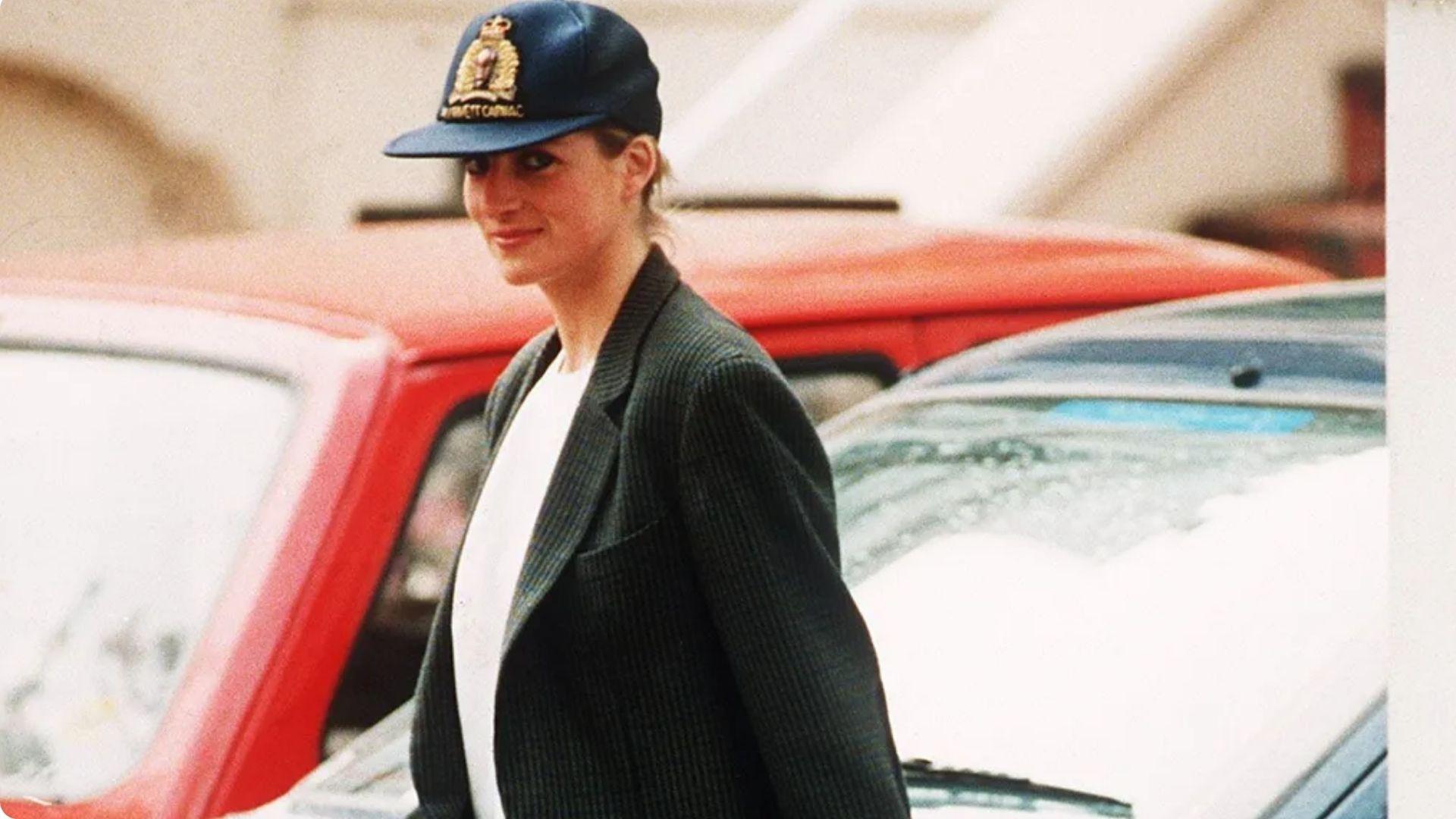 Princess Diana off-duty sporty fashion combining leggings, blazer, sneakers, and baseball caps for casual comfort