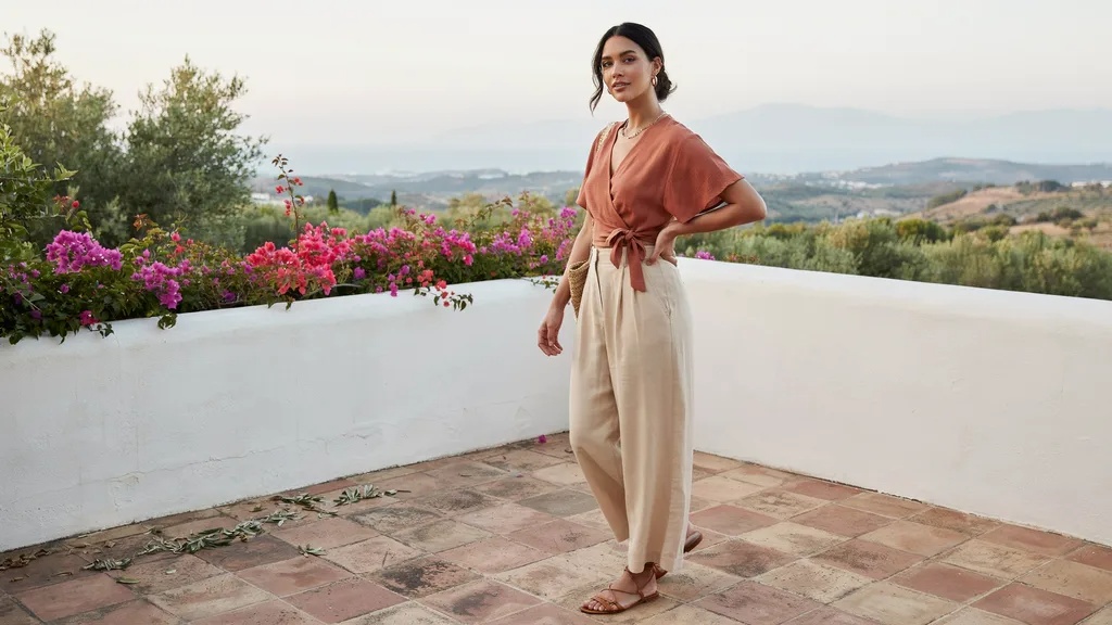 Three body types wearing wide leg linen pants with flattering styling.