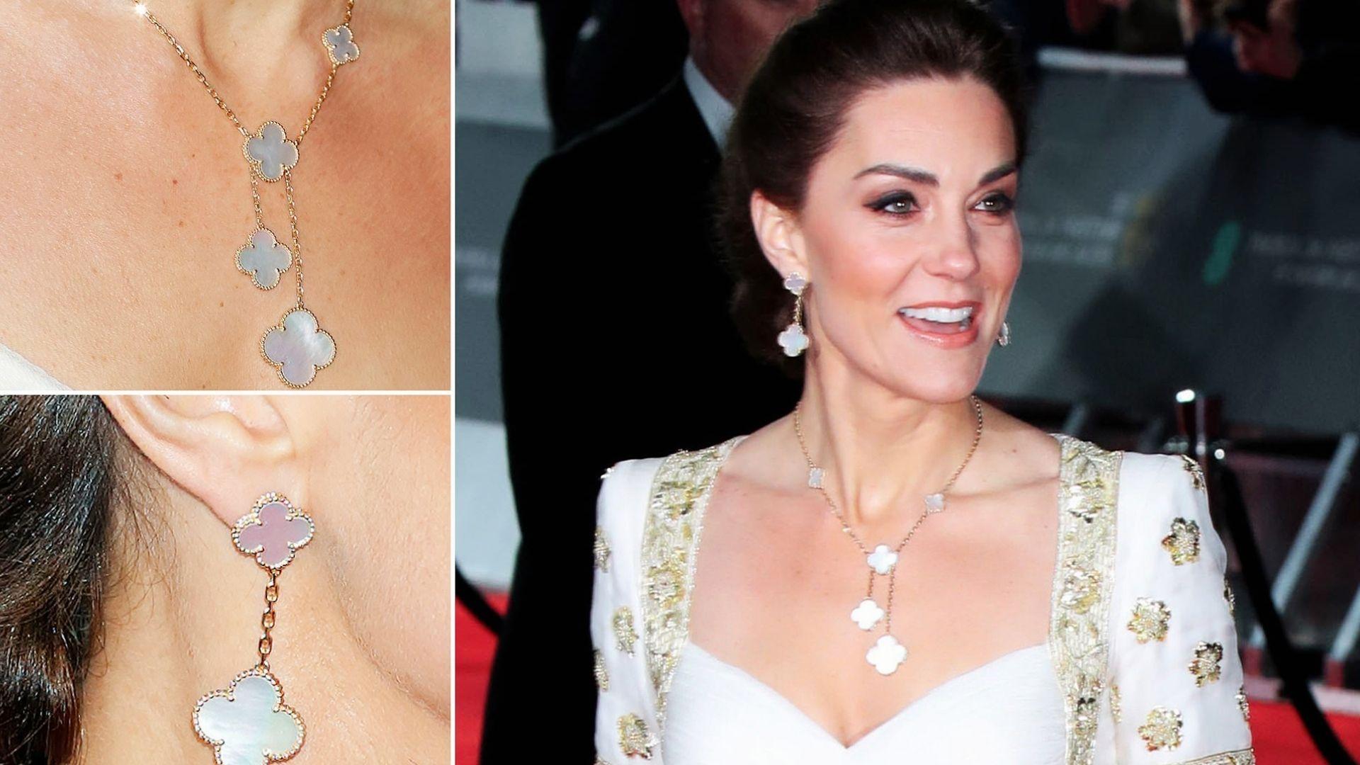 Kate Middleton and Prince William at BAFTA red carpet in white gold dress and Van Cleef earrings