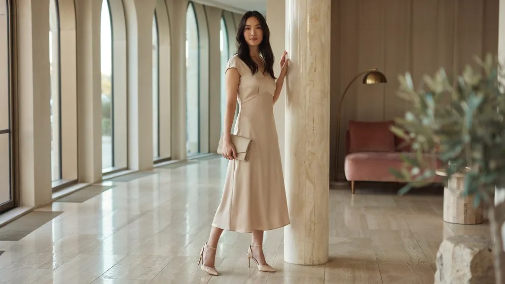 Woman wearing a polished midi dress that represents semi formal attire.