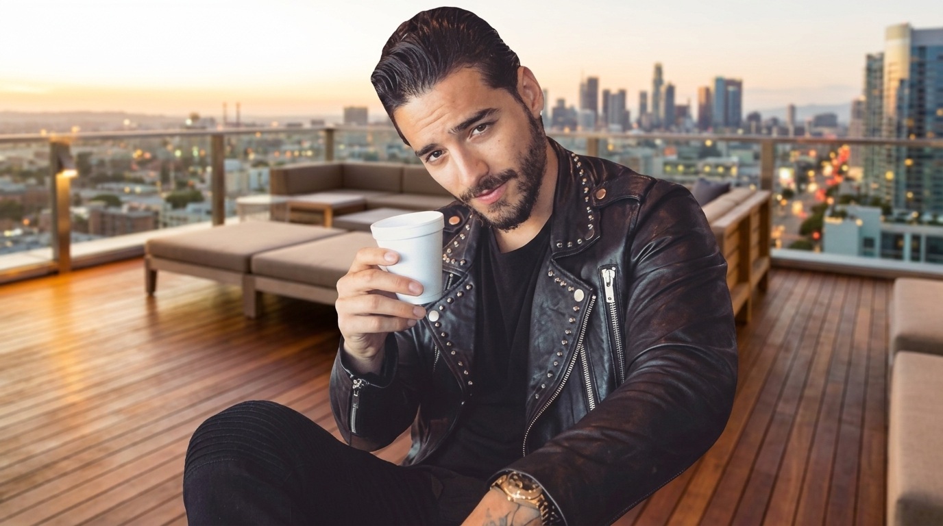 Maluma with slicked back long hair in pompadour holding coffee on rooftop