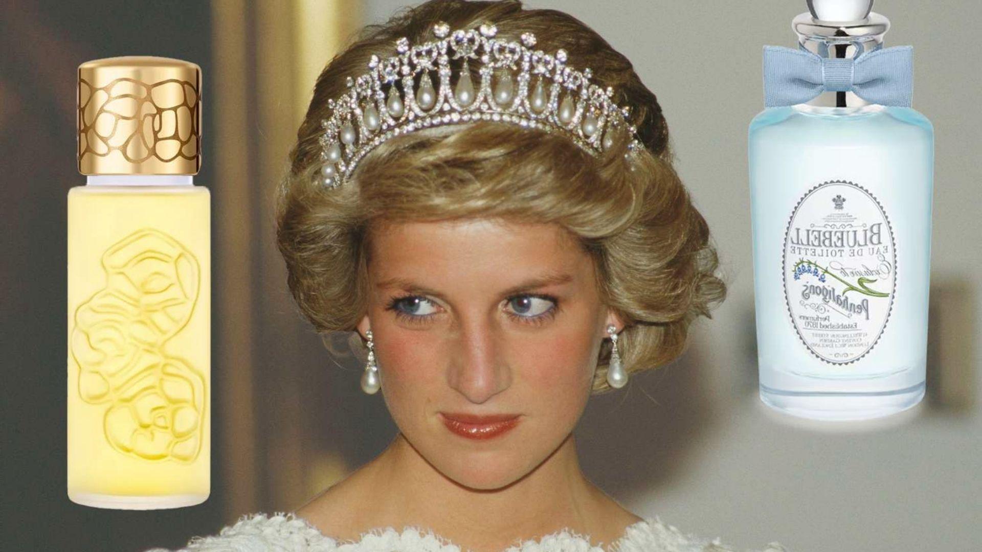 Princess Diana wearing pearl tiara between Houbigant Quelques Fleurs and Penhaligon's Bluebell perfumes, two of her favorite fragrances