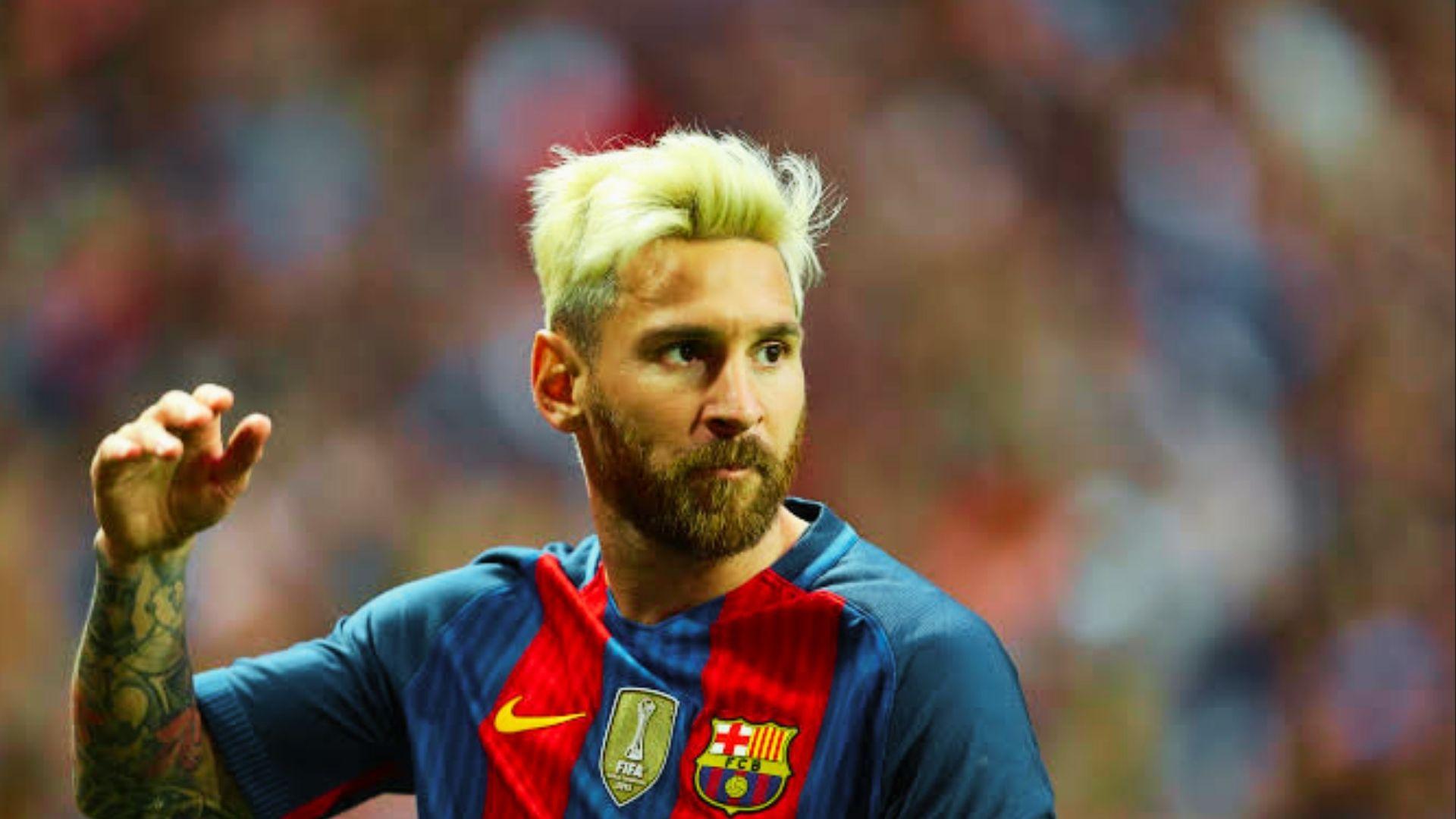 Lionel Messi sporting iconic 2016 Platinum bleached blonde haircut in FC Barcelona kit