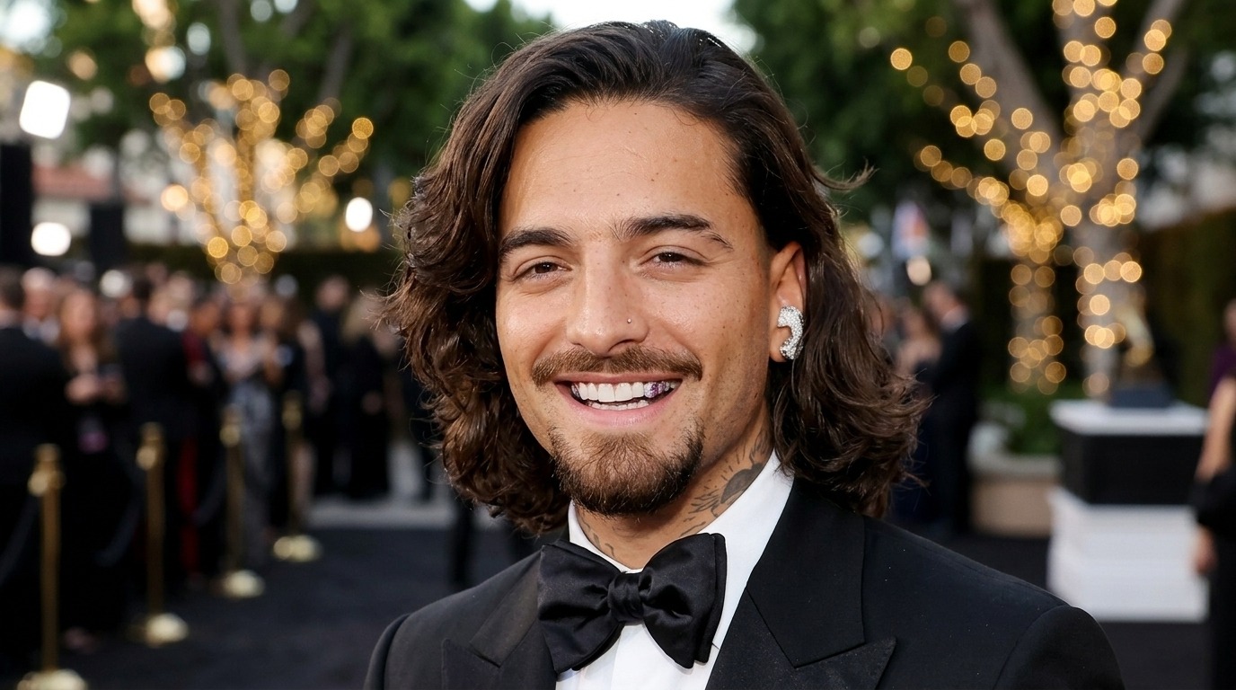 Maluma with shoulder-length wavy long hair smiling on red carpet in tuxedo
