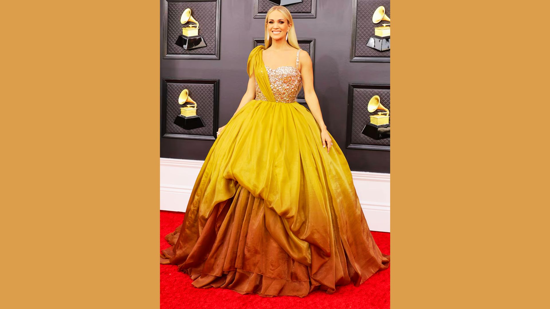 Carrie Underwood wearing a glamorous sequined gown at the Grammy Awards