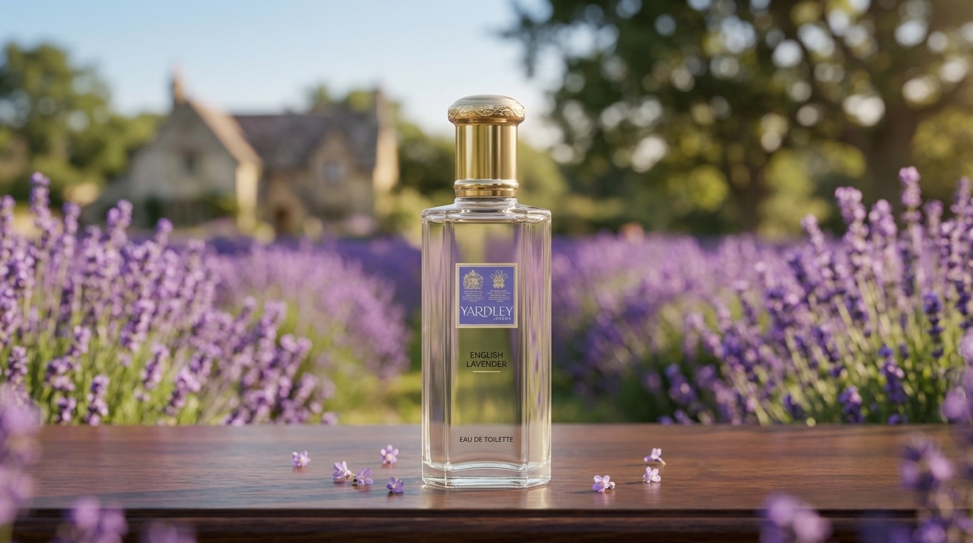 Yardley English Lavender perfume bottle on wooden table with lavender fields and cottage background, one of Marilyn Monroe's favorite fragrances