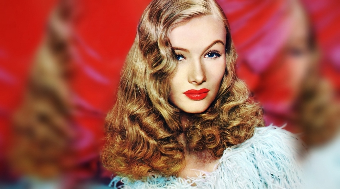 Veronica Lake peekaboo waves with bold red lips and old Hollywood feather glamour look