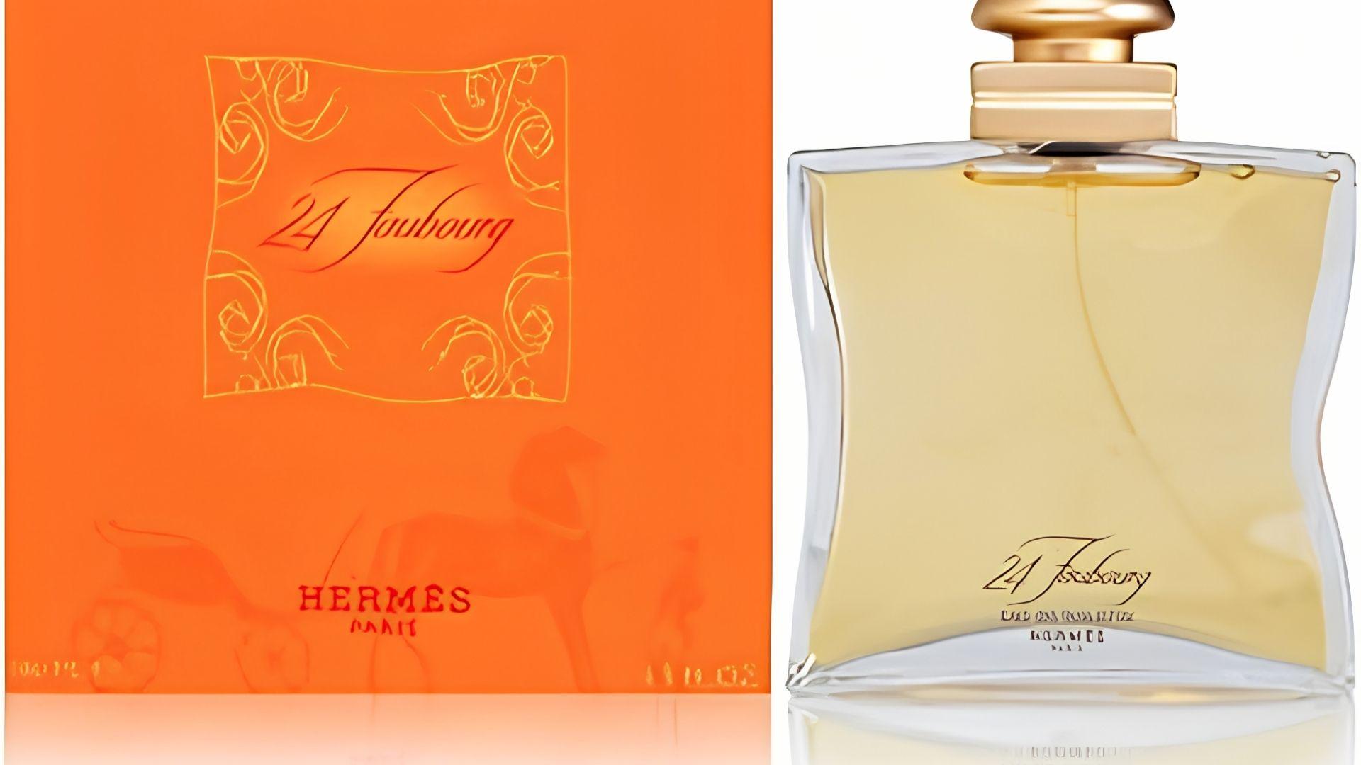 Hermès 24 Faubourg perfume bottle with orange box, a floral fragrance worn by Princess Diana in her later years