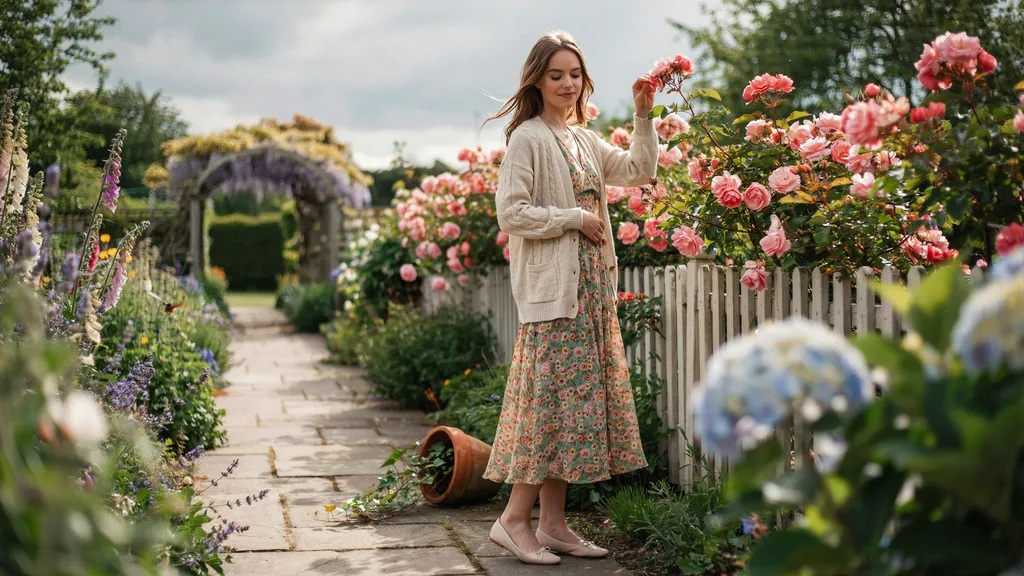 Floral midi dress layered with a cardigan for a feminine preppy look.