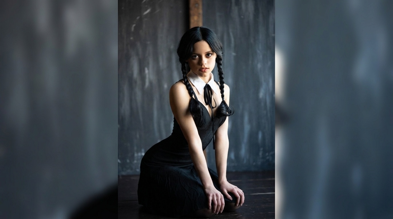 Jenna Ortega with an elegant braided hairstyle inspired by her signature looks.
