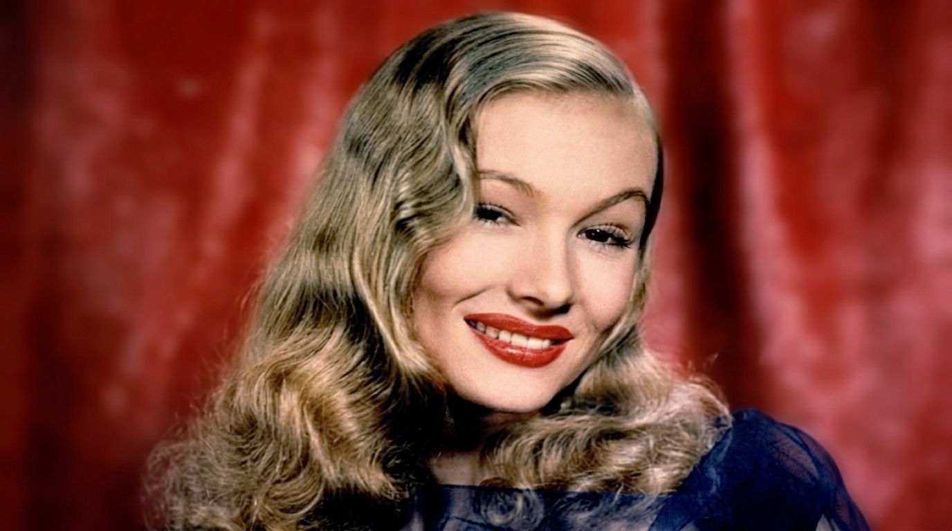 Veronica Lake smiling with signature peekaboo waves, glossy blonde curls and bold red Hollywood glam