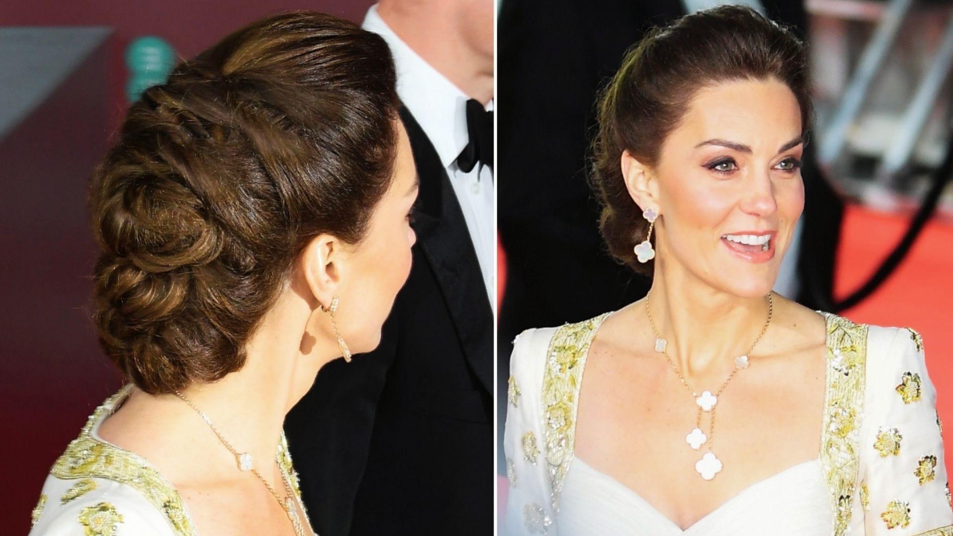 Side and front view of Kate Middleton on BAFTA red carpet wearing Van Cleef Alhambra jewelry with braided updo hairstyle
