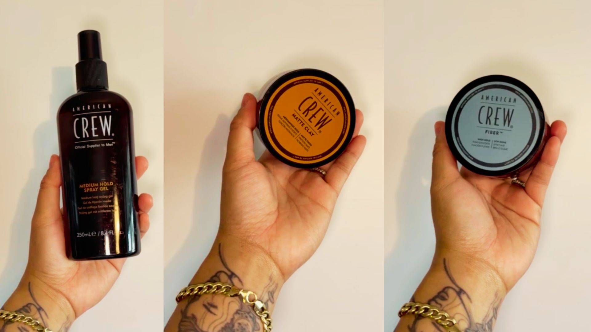 Three American Crew hair products including medium hold spray gel, matte clay, and fiber held in tattooed hands.