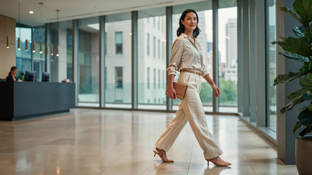 Structured blazer layered over wide leg linen pants for professional style.