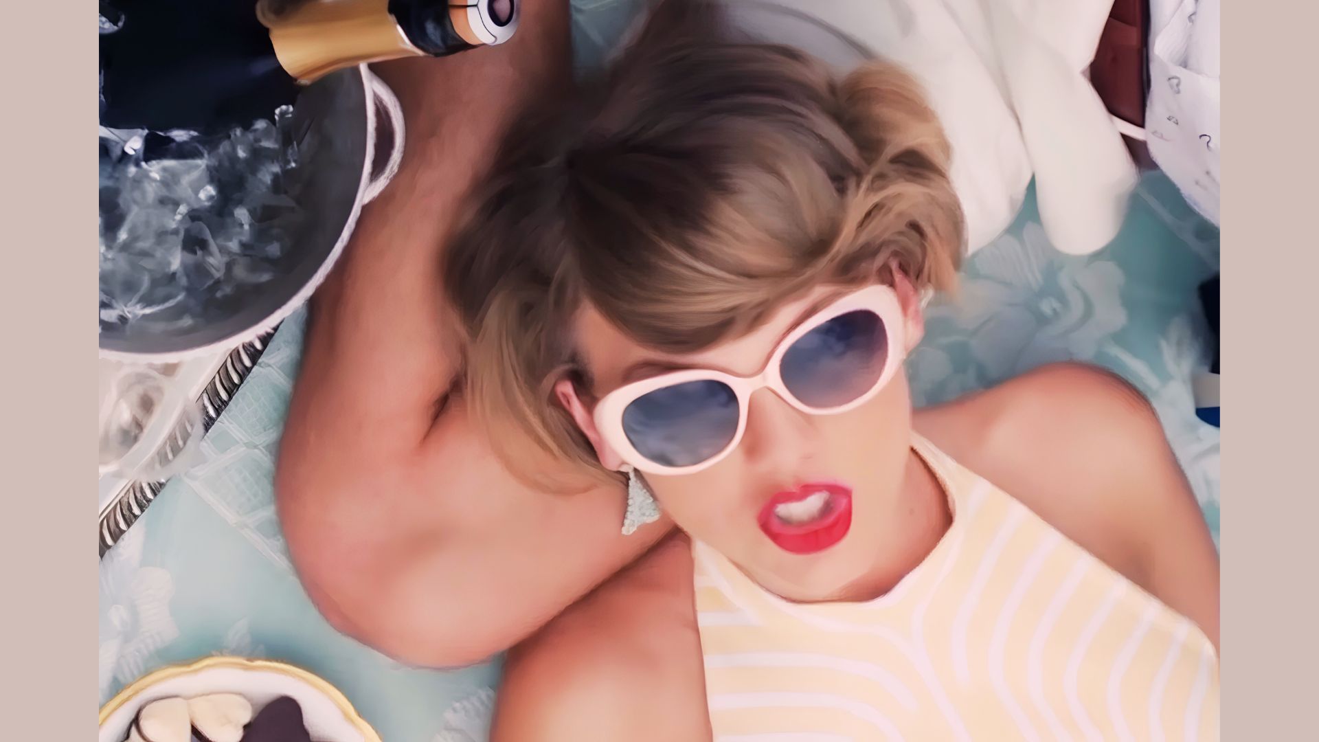 Pink cat-eye sunglasses paired with a stylish white outfit.